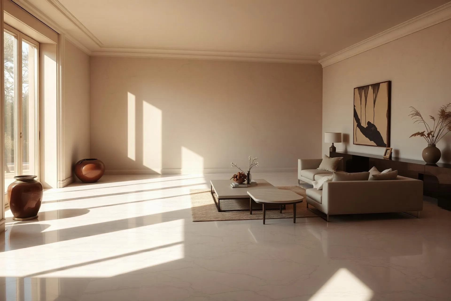 Sunlit Milanese interior with large-format marble floor tiles
